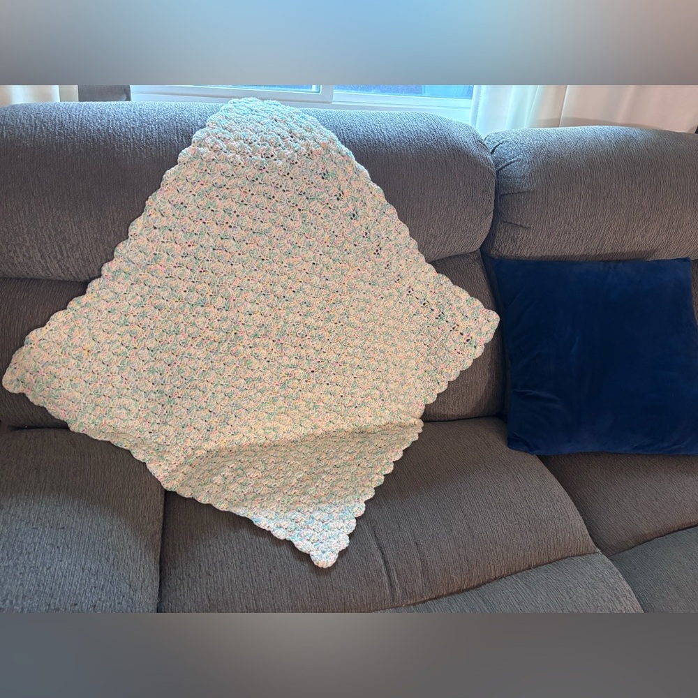 Pastel Square Crochet Baby Blanket – White, Pink & Blue – Gender Neutral, 29”